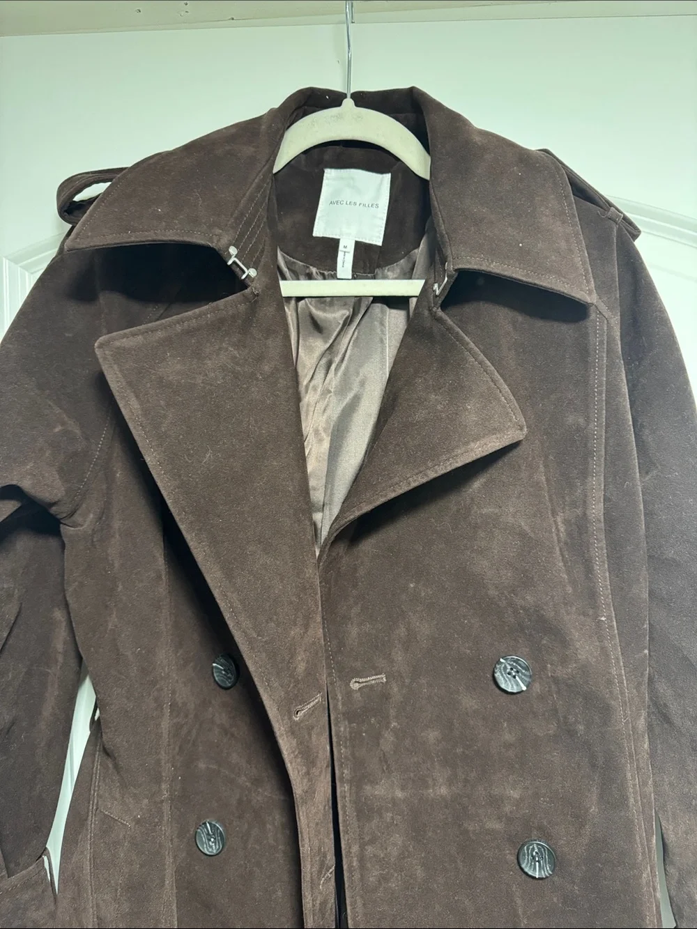 Avec Les Filles Brown Double-Breasted Suede Trench Coat - Picture 4 of 5